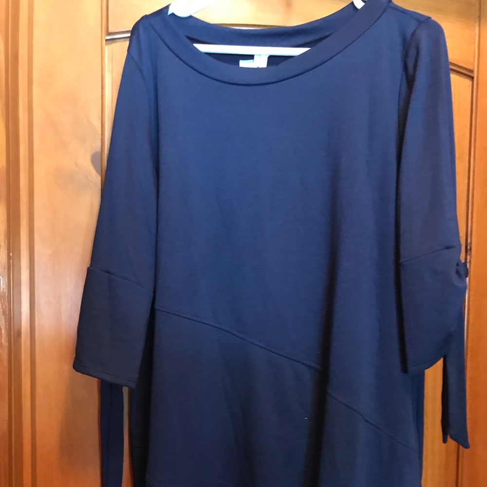 Navy blue sweatshirt material blouse w/ties
